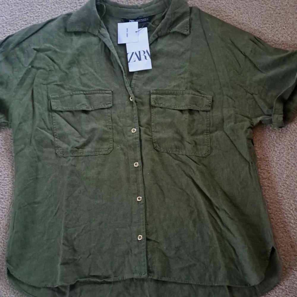 Zara Green Cuffed Sleeve Button Down Shirt